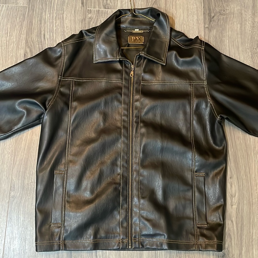 PX Genuine Leather Jacket   Mens size L. Black coat with brown stitching